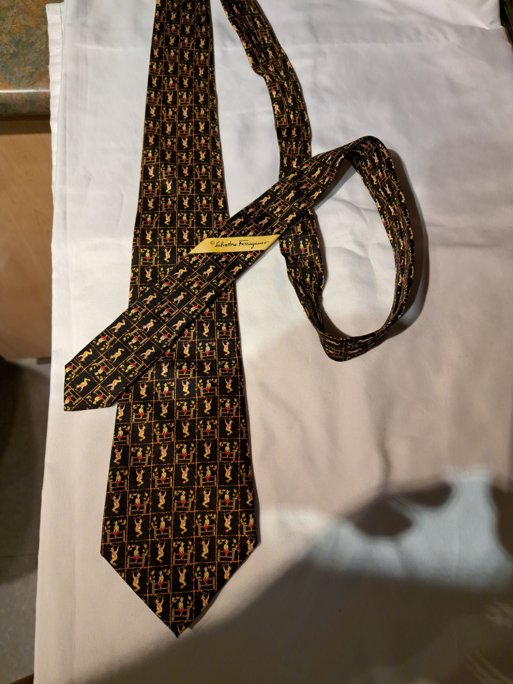 Salvatore Ferragamo Black Silk Tie with Gold and Red Motif